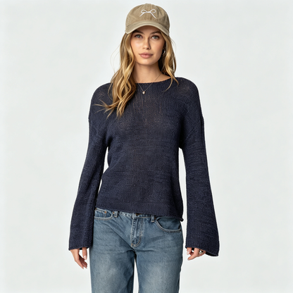 Effortless Open-Knit Long Sleeve Sweater with Bell Sleeves
