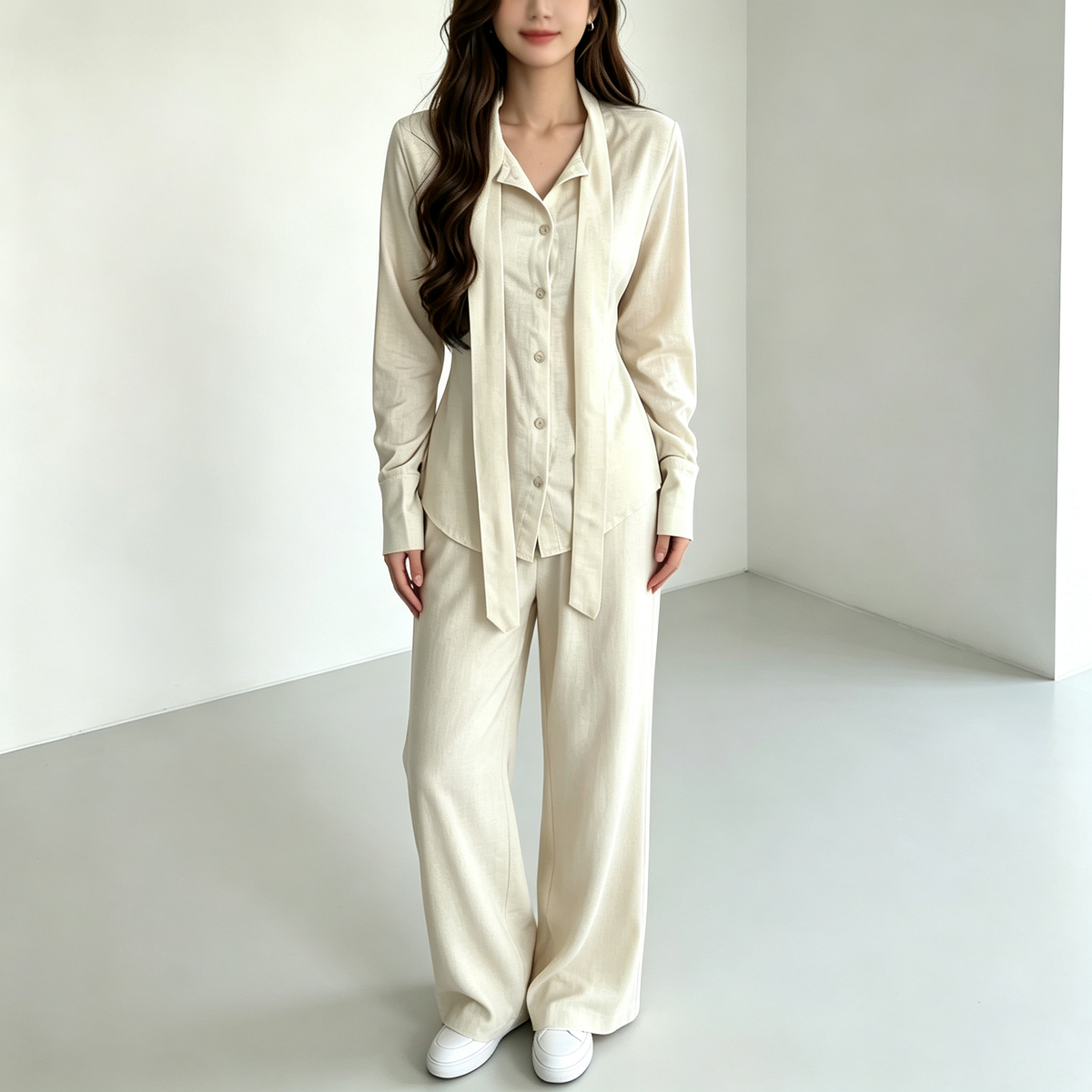 Elegant Drape Scarf Blouse & Wide-Leg Pants Matching Set