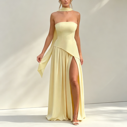 Elegant Strapless High-Slit Maxi Evening Gown with Matching Neck Scarf