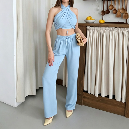 Flowy Halter Crop Top with Drape Sleeves & Wide-Leg Pants Set