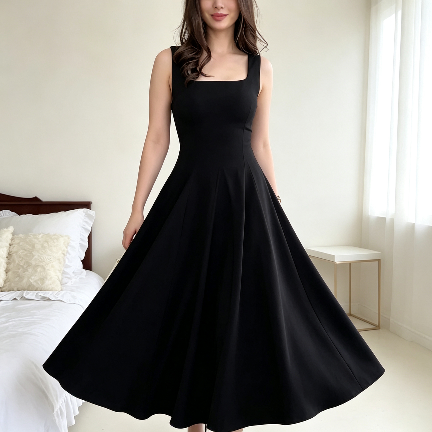 Elegant Square Neck Sleeveless Midi Dress with Flared Skirt