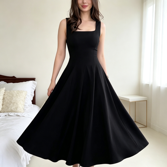 Elegant Square Neck Sleeveless Midi Dress with Flared Skirt