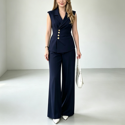 Elegant V-Neck Sleeveless Vest & Wide-Leg Pants Set