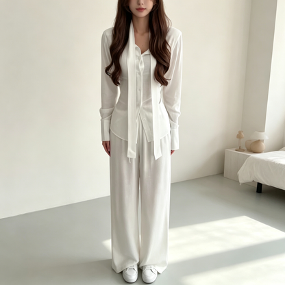 Elegant Drape Scarf Blouse & Wide-Leg Pants Matching Set