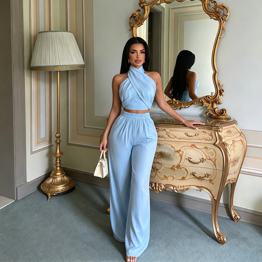 Flowy Halter Crop Top with Drape Sleeves & Wide-Leg Pants Set