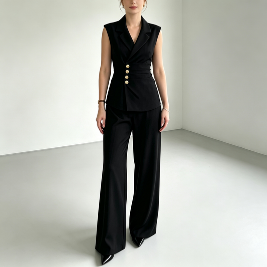 Elegant V-Neck Sleeveless Vest & Wide-Leg Pants Set