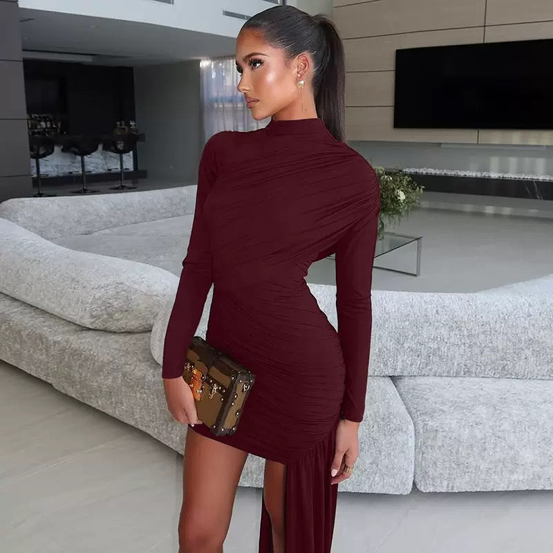 Ruched High-Neck Asymmetric Maxi-Train Mini Dress
