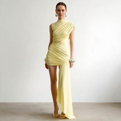 Ruched High-Neck Asymmetric Maxi-Train Mini Dress