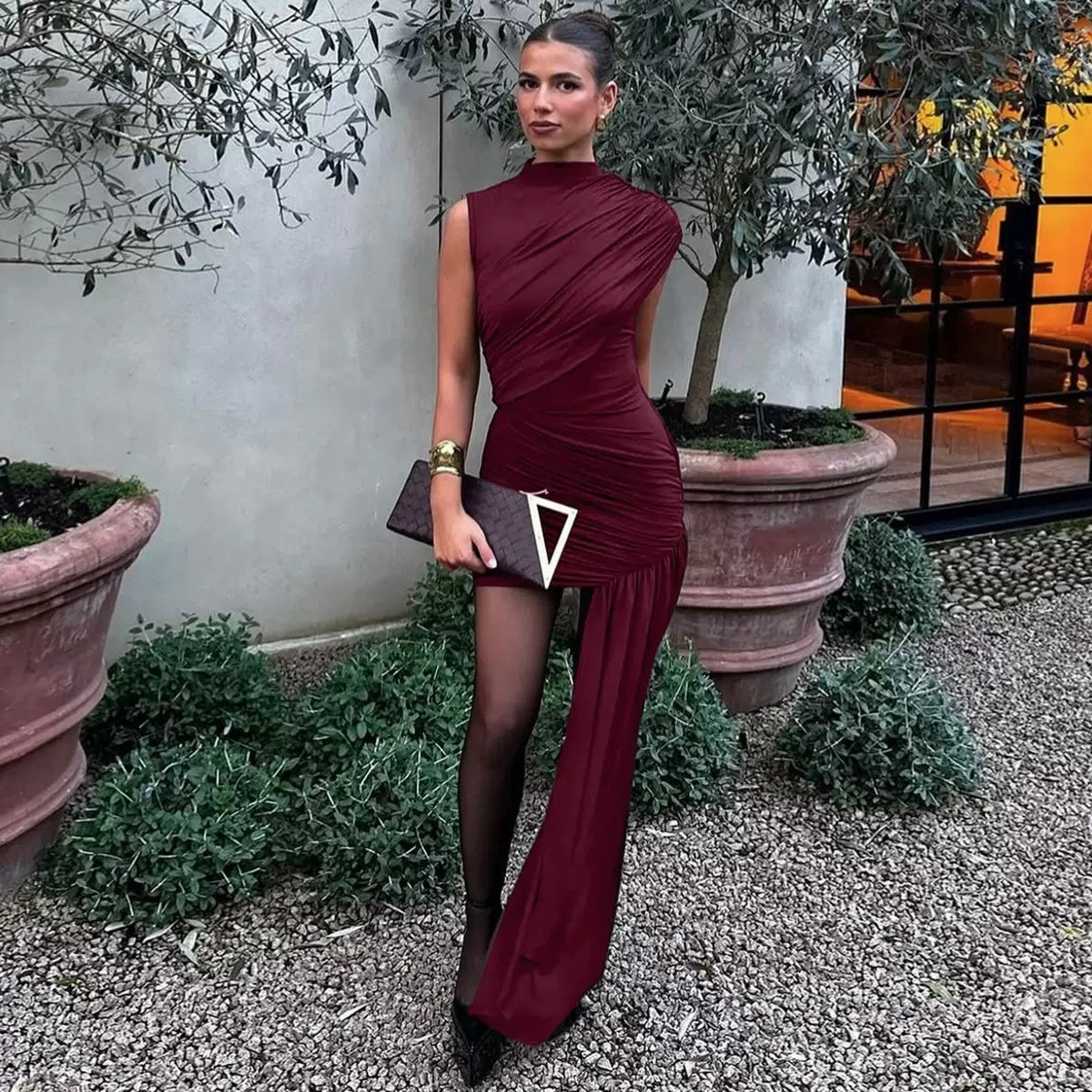 Ruched High-Neck Asymmetric Maxi-Train Mini Dress