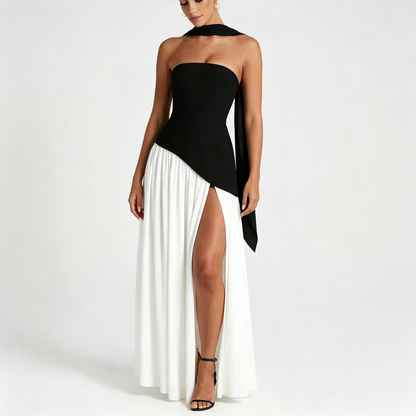 Elegant Strapless High-Slit Maxi Evening Gown with Matching Neck Scarf