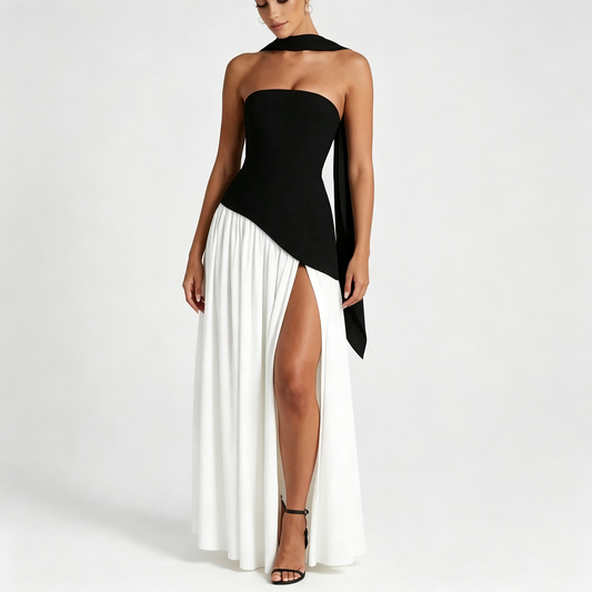 Elegant Strapless High-Slit Maxi Evening Gown with Matching Neck Scarf
