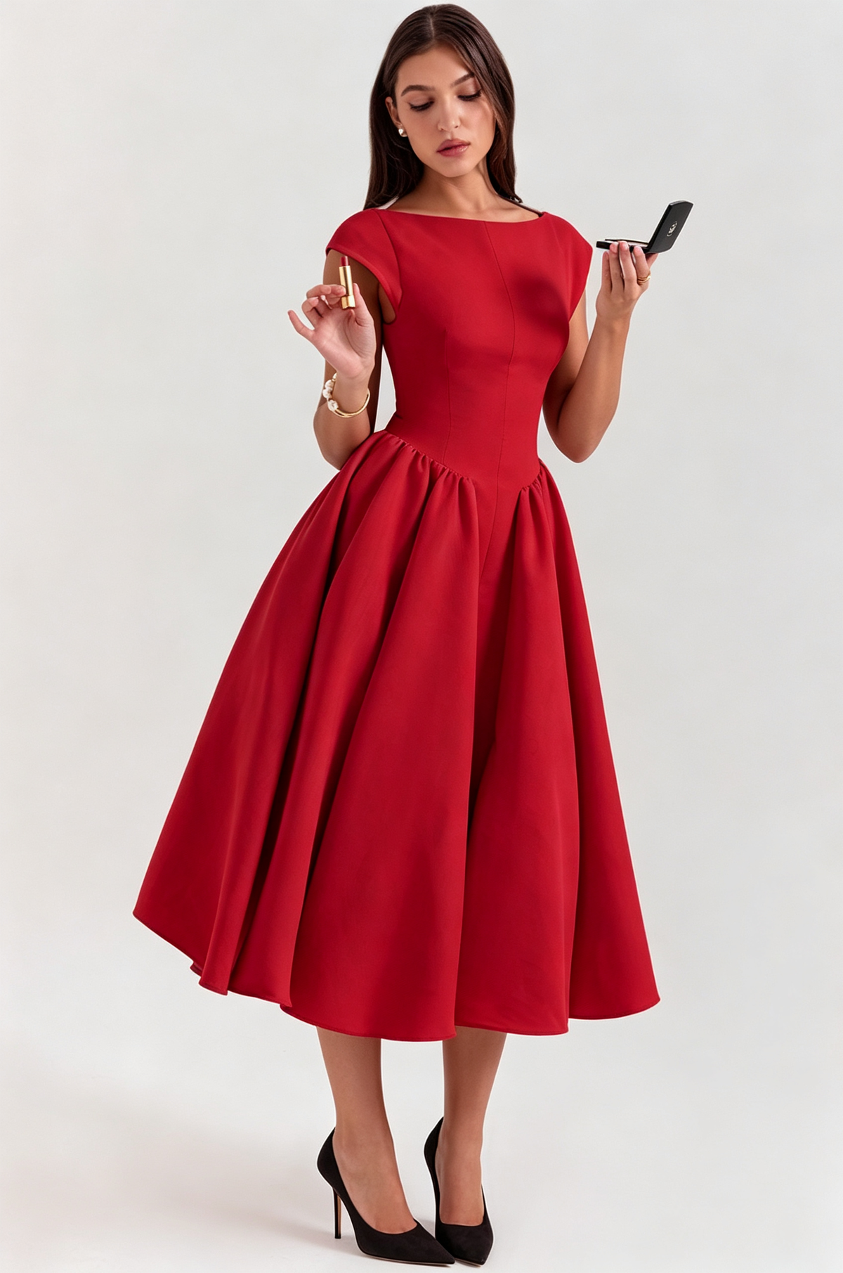Elegant Sleeveless Boat Neck Full Skirt Midi Dress