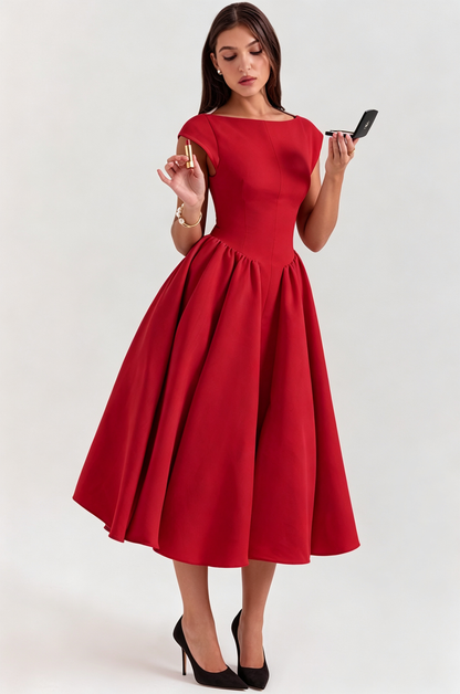 Elegant Sleeveless Boat Neck Full Skirt Midi Dress