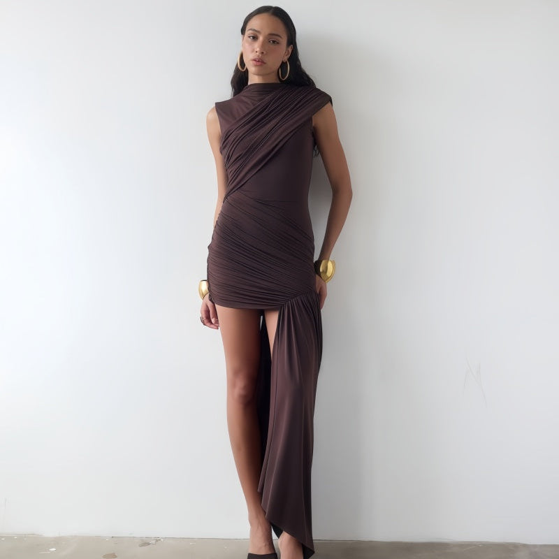 Ruched High-Neck Asymmetric Maxi-Train Mini Dress