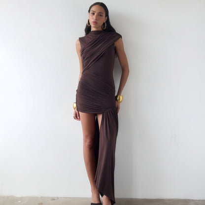 Ruched High-Neck Asymmetric Maxi-Train Mini Dress