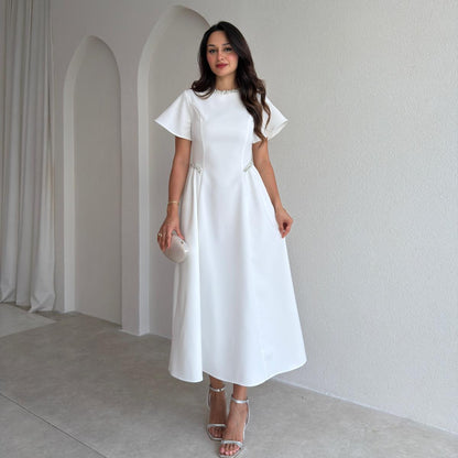 Elegant Pearl-Embellished Short Sleeve Round Neck Midi Dress – 2026 Summer Collection