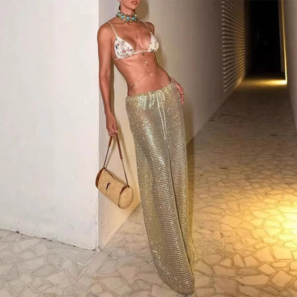 2026 Spring Summer Gold Metallic Drawstring Wide-Leg Pants