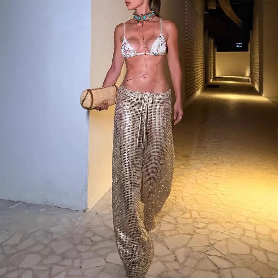 2026 Spring Summer Gold Metallic Drawstring Wide-Leg Pants