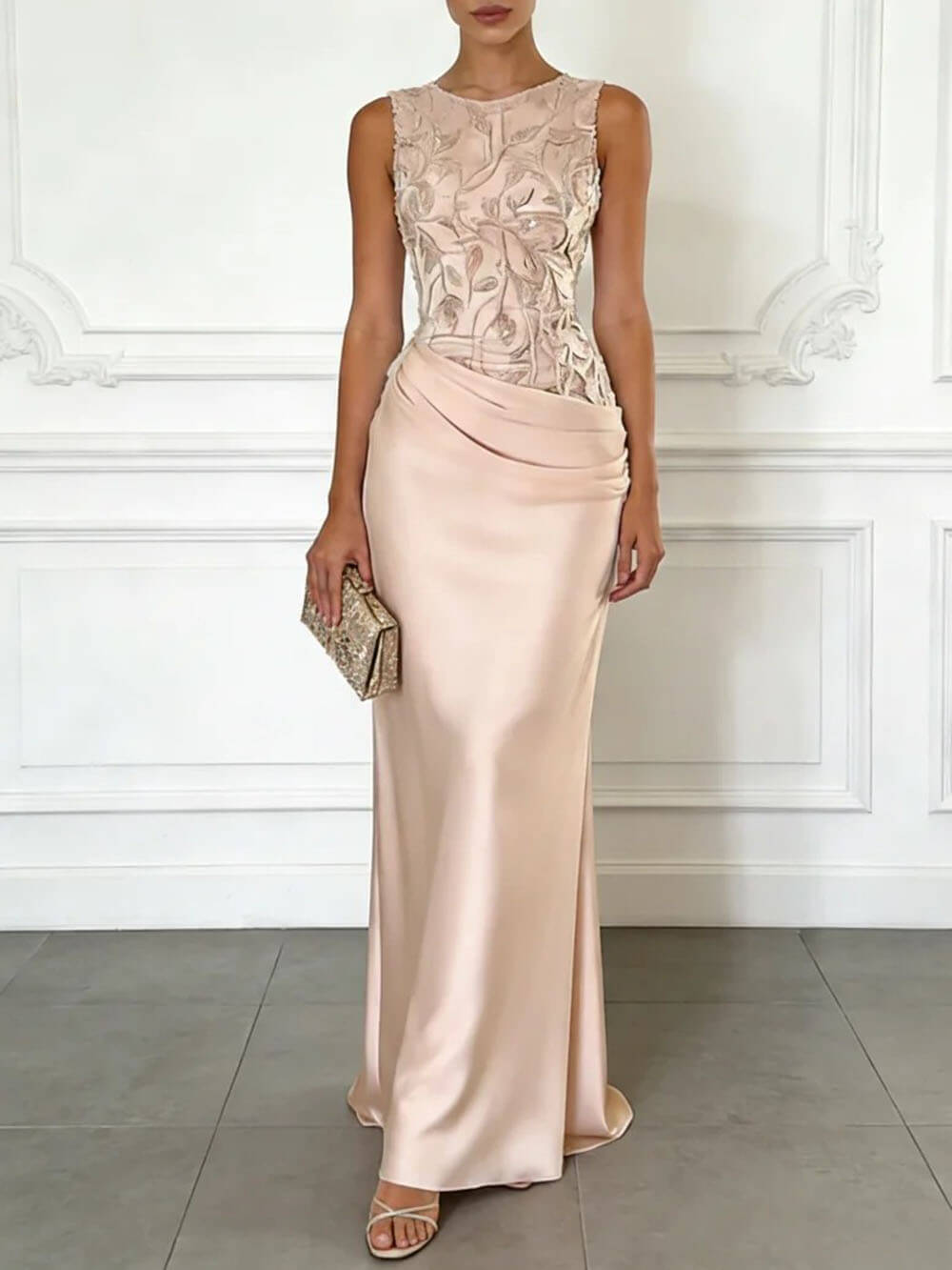 2026 Spring Summer Sleeveless Lace Sequin Satin Maxi Dress – INS Party Style