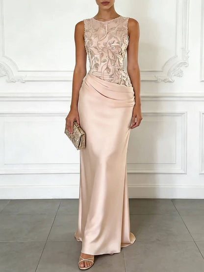 2026 Spring Summer Sleeveless Lace Sequin Satin Maxi Dress – INS Party Style