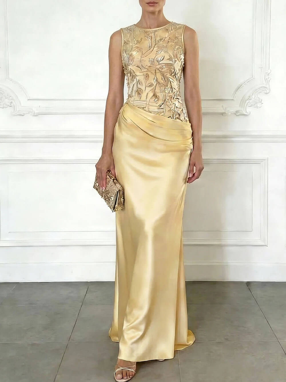2026 Spring Summer Sleeveless Lace Sequin Satin Maxi Dress – INS Party Style