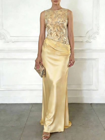 2026 Spring Summer Sleeveless Lace Sequin Satin Maxi Dress – INS Party Style