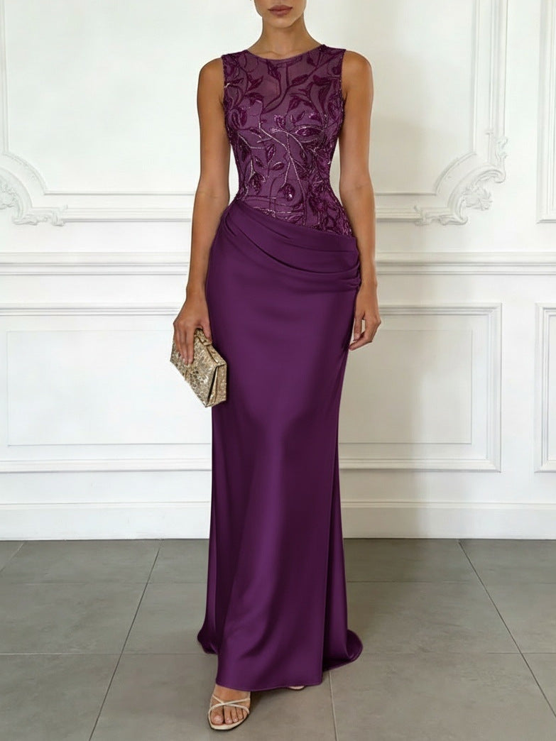 2026 Spring Summer Sleeveless Lace Sequin Satin Maxi Dress – INS Party Style