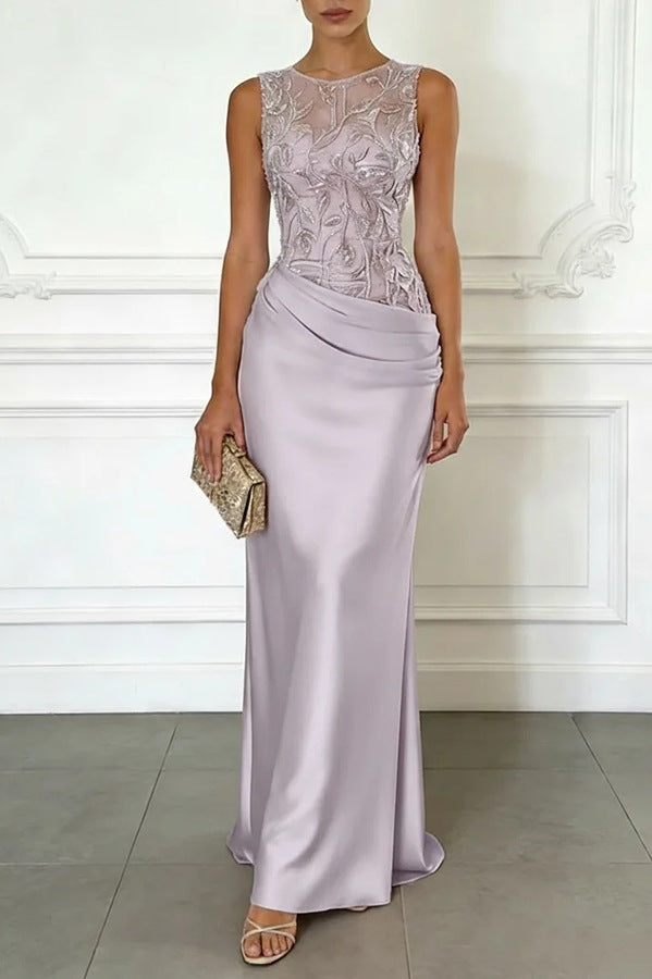 2026 Spring Summer Sleeveless Lace Sequin Satin Maxi Dress – INS Party Style