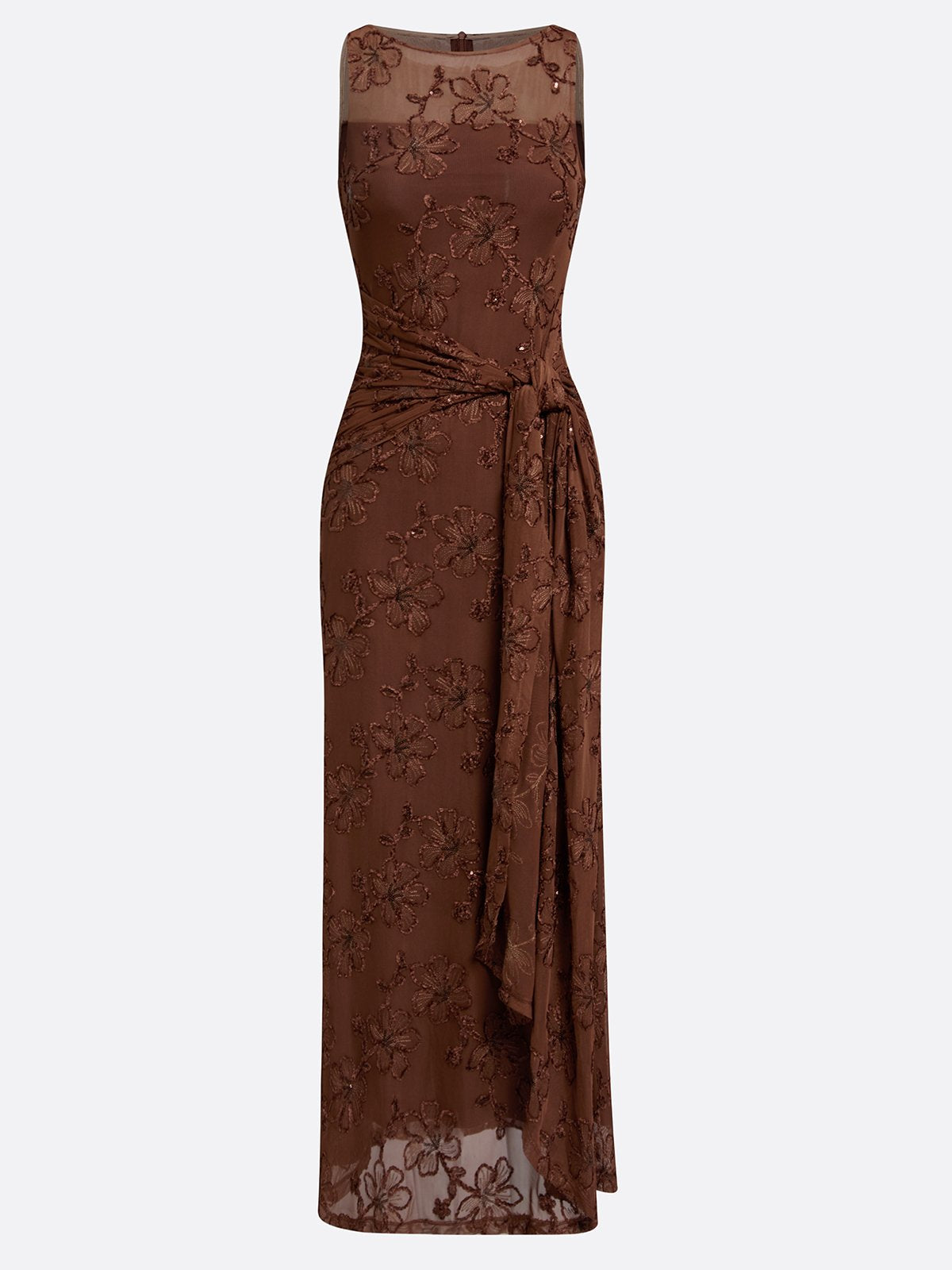 Sleeveless Floral Embroidery Stretch Maxi Dress