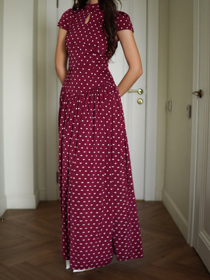 French Vintage Polka Dot Stand Collar Maxi Dress
