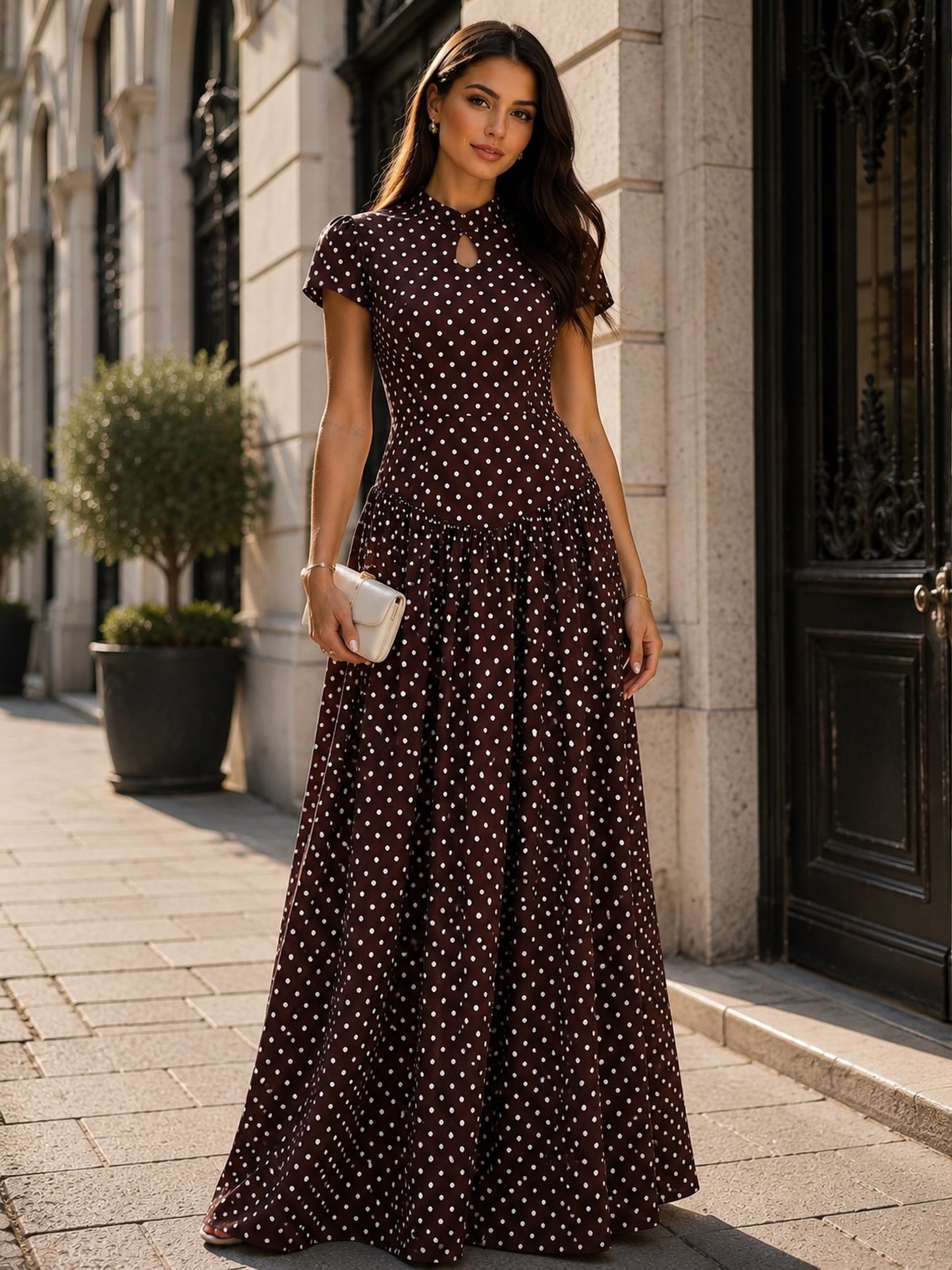 French Vintage Polka Dot Stand Collar Maxi Dress