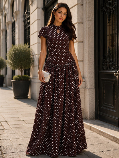 French Vintage Polka Dot Stand Collar Maxi Dress