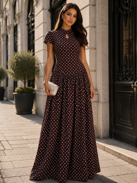 French Vintage Polka Dot Stand Collar Maxi Dress
