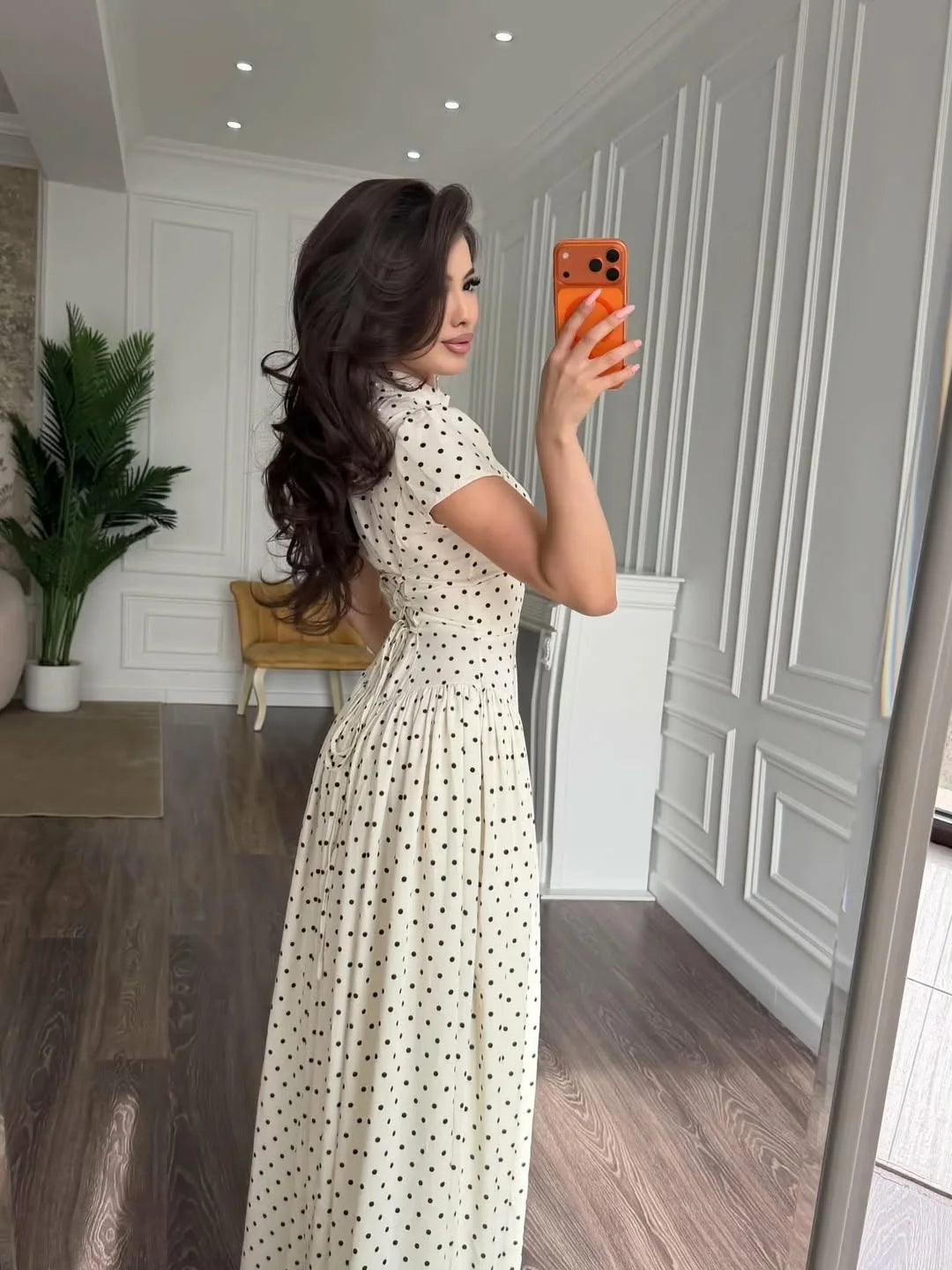 French Vintage Polka Dot Stand Collar Maxi Dress
