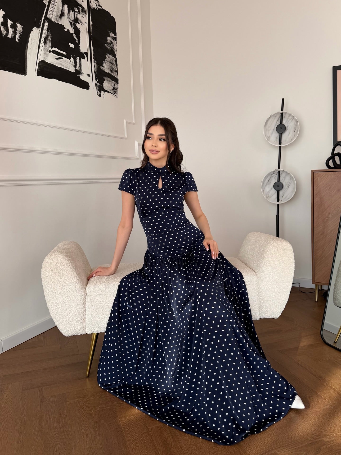 French Vintage Polka Dot Stand Collar Maxi Dress