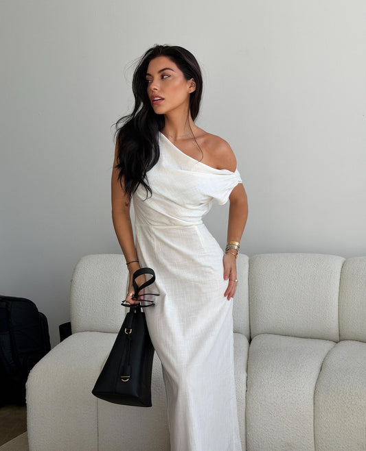 Off-Shoulder Waist-Cinched Maxi Dress