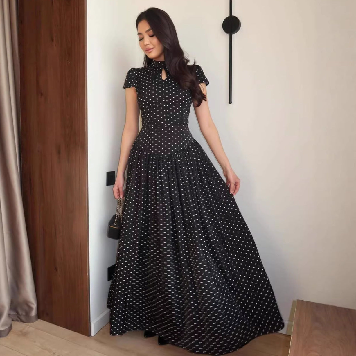 French Vintage Polka Dot Stand Collar Maxi Dress