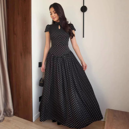 French Vintage Polka Dot Stand Collar Maxi Dress