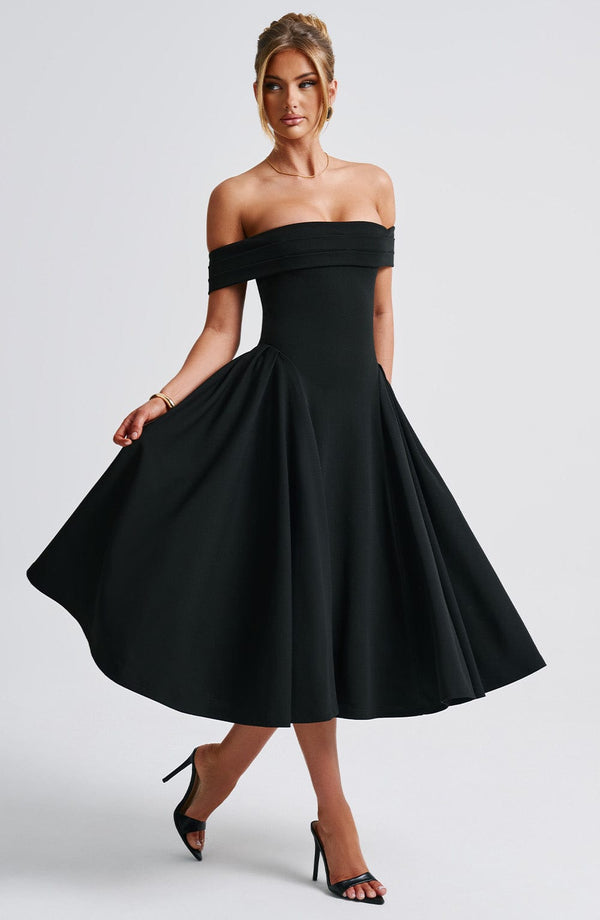 Elegant Off-Shoulder Solid Color Midi Dress