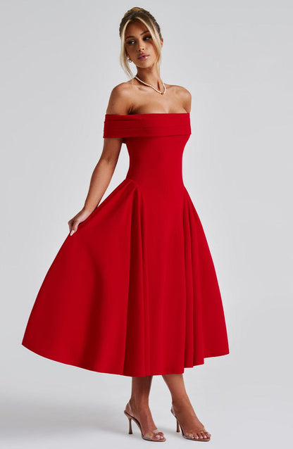Elegant Off-Shoulder Solid Color Midi Dress