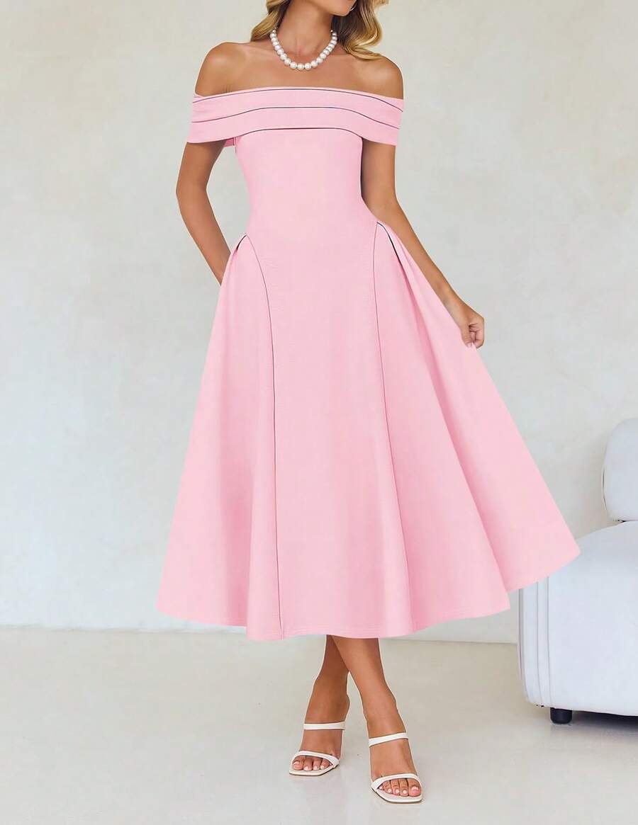 Elegant Off-Shoulder Solid Color Midi Dress