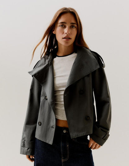 2026 Autumn Short Trench Coat – Solid Color Waist-Tie Windbreaker Jacket