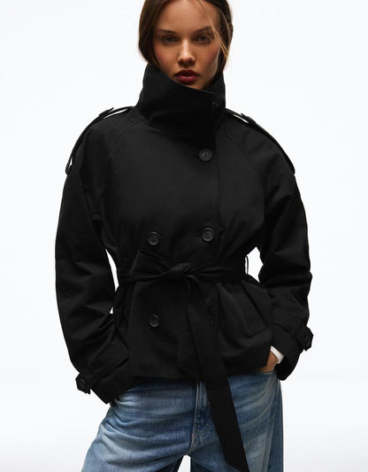 2026 Autumn Short Trench Coat – Solid Color Waist-Tie Windbreaker Jacket
