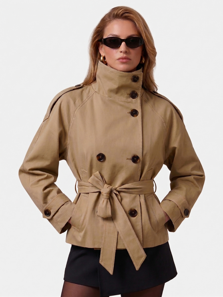 2026 Autumn Short Trench Coat – Solid Color Waist-Tie Windbreaker Jacket