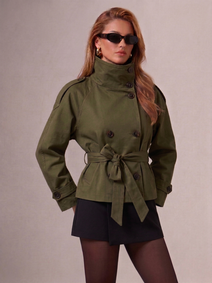2026 Autumn Short Trench Coat – Solid Color Waist-Tie Windbreaker Jacket