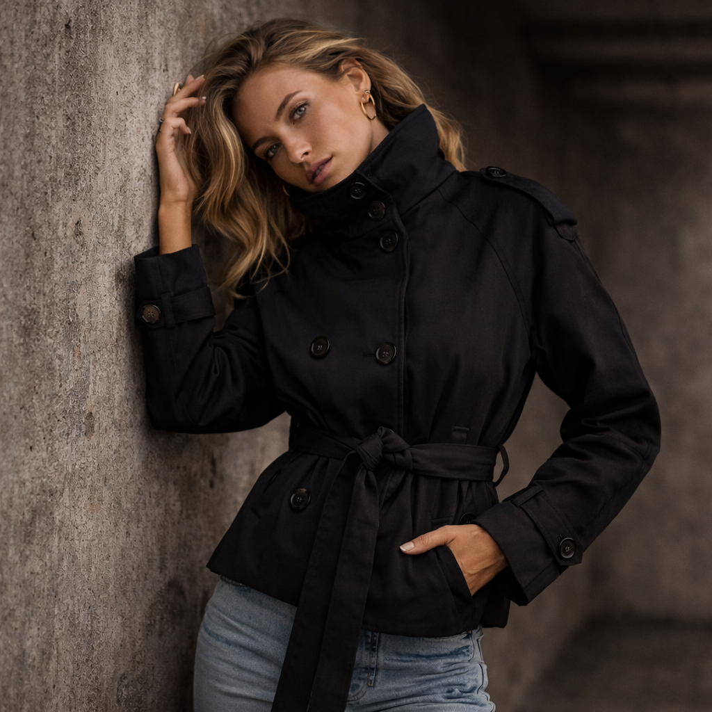 2026 Autumn Short Trench Coat – Solid Color Waist-Tie Windbreaker Jacket