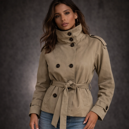 2026 Autumn Short Trench Coat – Solid Color Waist-Tie Windbreaker Jacket