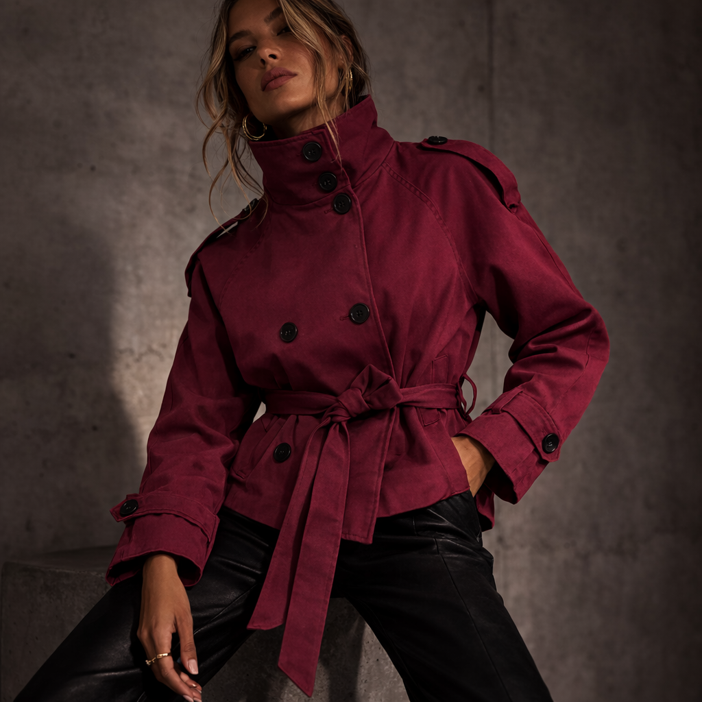 2026 Autumn Short Trench Coat – Solid Color Waist-Tie Windbreaker Jacket