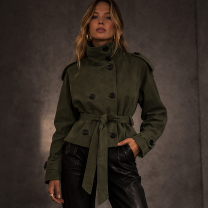 2026 Autumn Short Trench Coat – Solid Color Waist-Tie Windbreaker Jacket