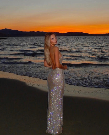 Sequin Mesh Backless Bodycon Maxi Dress